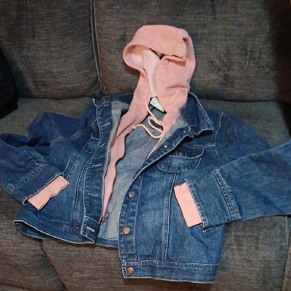 Kids Blue Denim Jacket with Pink Hood
